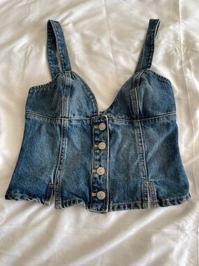 Denim Button-Front Bustier Crop Top - Blue